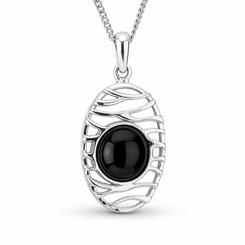 Contemporary 925 sterling silver oval Whitby Jet cabochon pendant