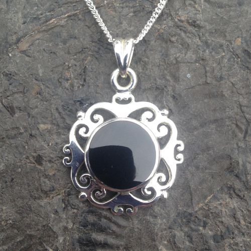 Traditional Whitby Jet and 925 silver antique style scroll pendant