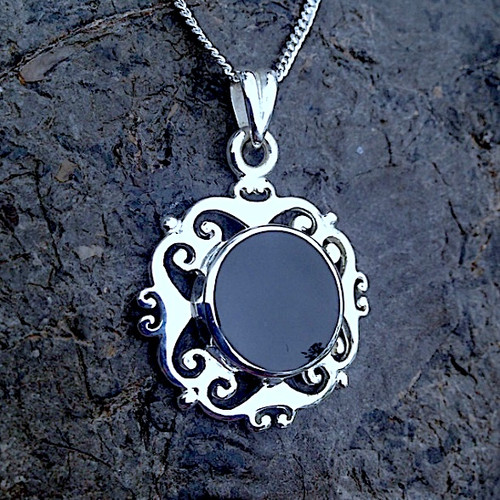 Fancy sterling silver necklace with round Whitby Jet stone and classic scroll edge