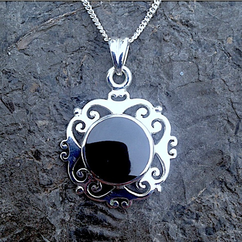 Traditional Whitby Jet and sterling silver antique style scroll pendant necklace