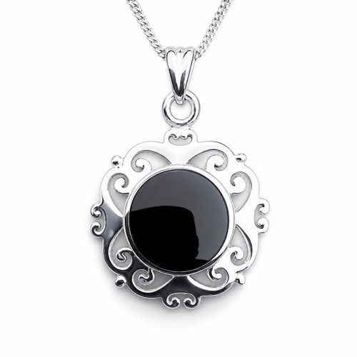 Traditional Whitby Jet and sterling silver antique style scroll pendant necklace