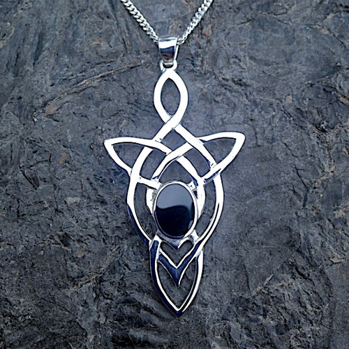Large sterling silver and Whitby Jet oval stone Celtic pendant
