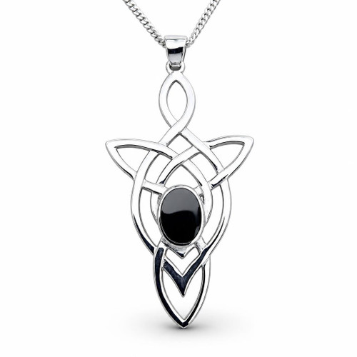 Large sterling silver and Whitby Jet oval stone Celtic pendant necklace