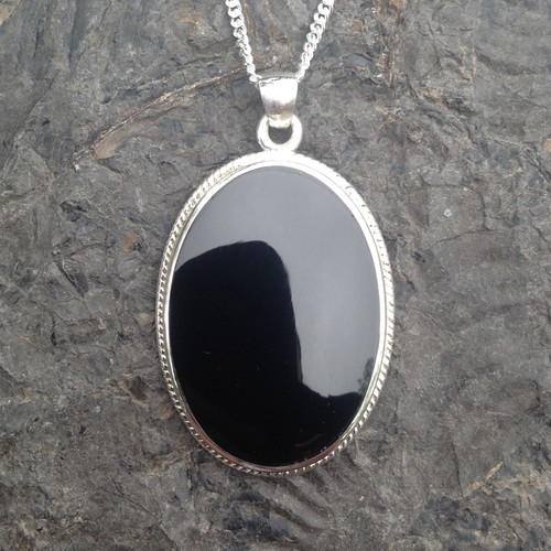 Large oval rope edge Whitby Jet and sterling silver pendant Large oval rope edge Whitby Jet and sterling silver pendant