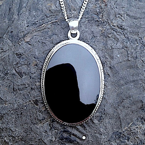 Whitby Jet and 925 silver large oval necklace with rope detail