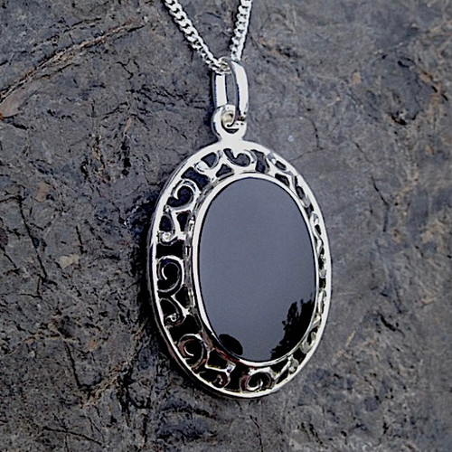 Whitby Jet 925 silver framed large oval necklace