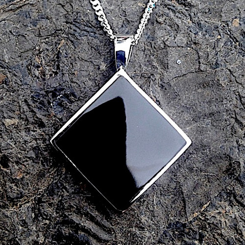 Large contemporary Whitby Jet and sterling silver square pendant