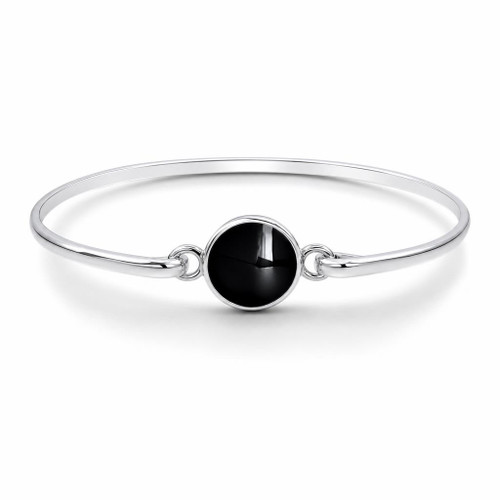 Hand crafted contemporary Sterling silver Whitby Jet black round stone front fastening bangle