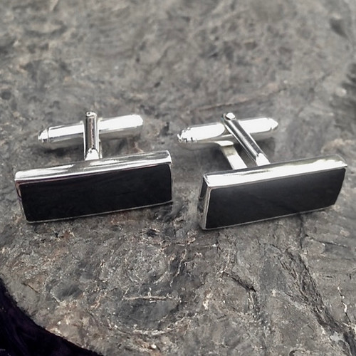 Large rectangular Whitby Jet and 925 sterling silver cufflinks