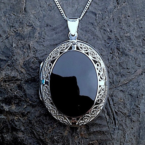 Extra large 925 sterling silver fancy locket with oval Whitby Jet stone
