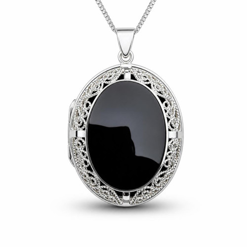 Extra large 925 sterling silver fancy locket with oval Whitby Jet stone