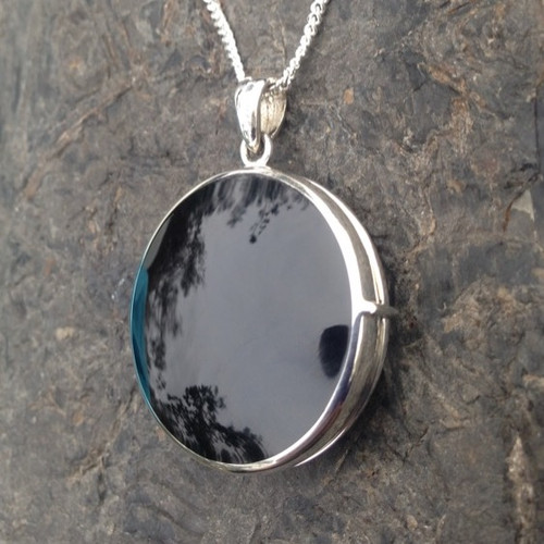 Large round sterling silver and Whitby Jet black locket pendant