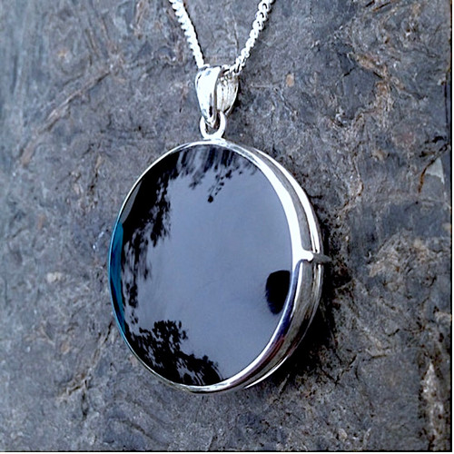 Hand crafted circular 925 silver locket necklace with Whitby Jet