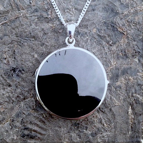 Large round sterling silver and Whitby Jet black locket pendant