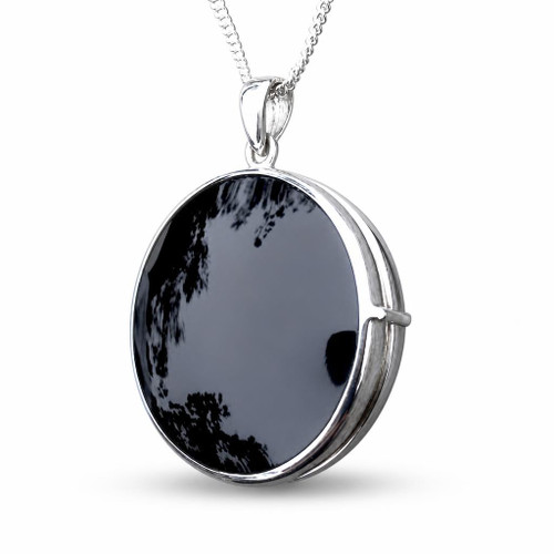 Large round sterling silver and Whitby Jet black locket pendant