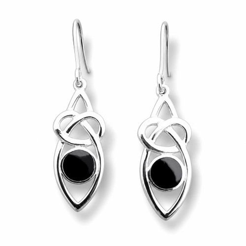 Hand crafted sterling silver marquise shaped Celtic drop earrings with circular Whitby Jet stones