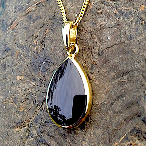 Whitby Jet and 9ct gold pear drop pendant necklace with solid gold reverse