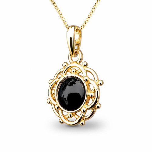 9ct gold frill and bead circular pendant with round hand cut Whitby Jet cabochon