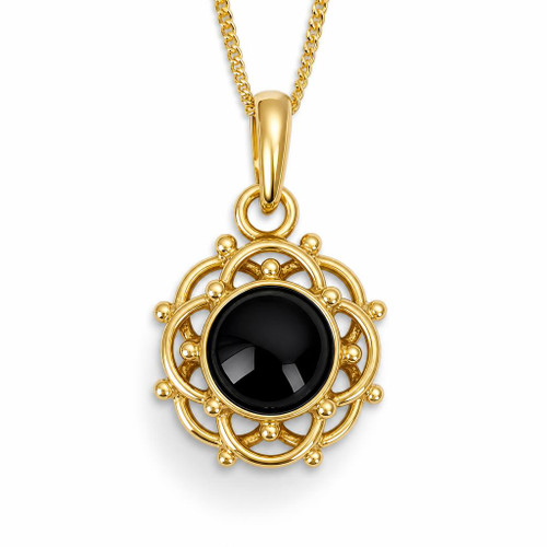 9ct gold frill and bead circular pendant with round hand cut Whitby Jet cabochon