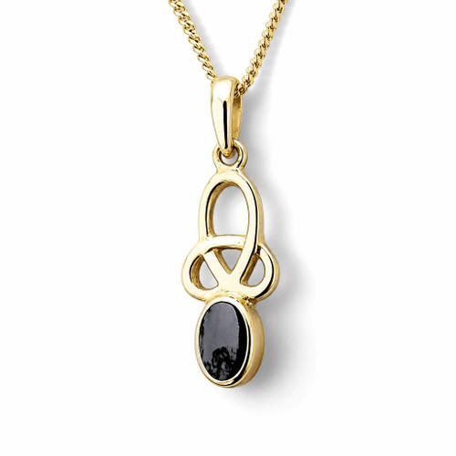 Small 9ct gold Celtic loop pendant with oval Whitby Jet stone