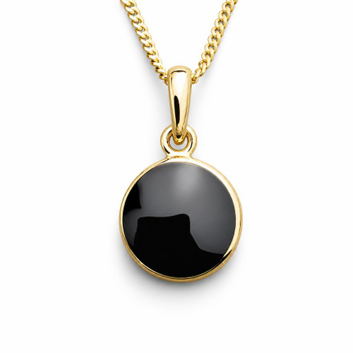 Circular 9ct gold and Whitby Jet pendant on gold curb chain