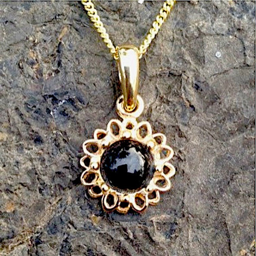 Small 9ct gold and Whitby Jet daisy necklace on gold curb chain