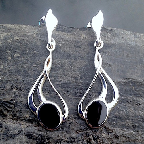 Sterling silver drop earrings with curved silver strands oval Whitby Jet and stud backs
