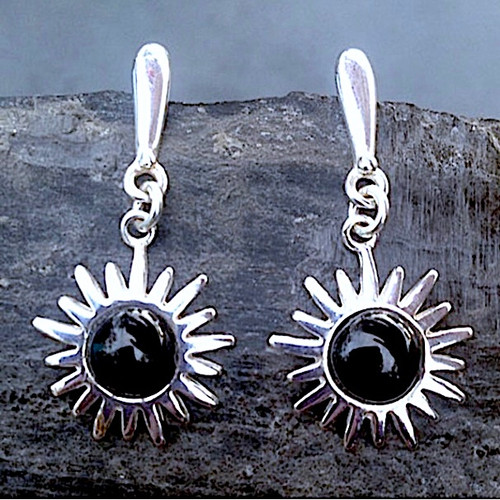Contemporary sterling silver sun drop earrings with round Whitby Jet cabochons