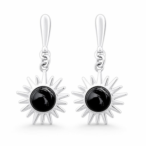 Contemporary sterling silver sun drop earrings with round Whitby Jet cabochons