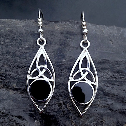 Large Celtic Trinity Knot marquise sterling silver and Whitby Jet drop earrings