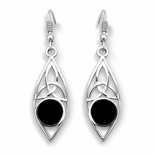 Large Celtic Trinity Knot marquise sterling silver and Whitby Jet drop earrings