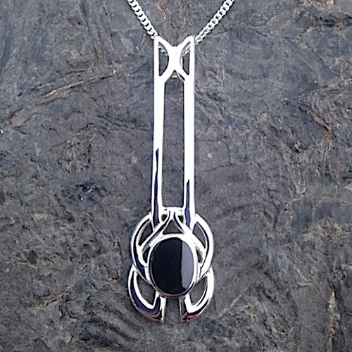 Long straight Celtic sterling silver and Whitby Jet pendant with fixed bail