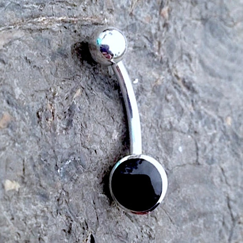 Round stone Whitby Jet and 925 sterling silver stainless steel belly button bar