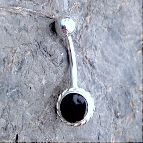 Sterling silver stainless steel Whitby Jet round rope edge navel bar