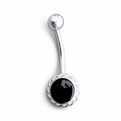 Sterling silver stainless steel Whitby Jet round rope edge navel bar