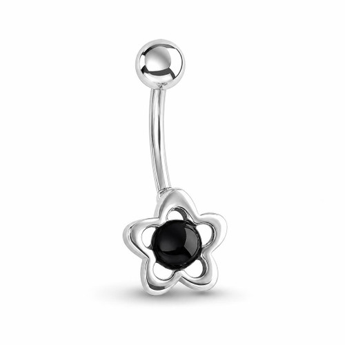 Contemporary sterling silver stainless steel Whitby Jet open flower belly bar