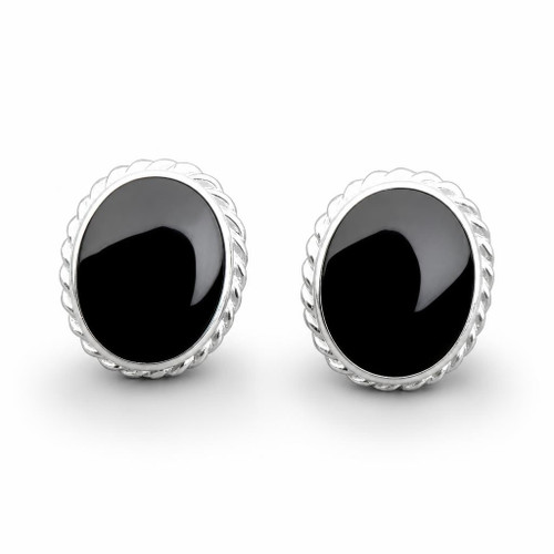 Large oval rope edge Whitby Jet and sterling silver stud earrings