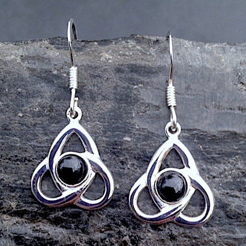 Sterling silver Whitby Jet Celtic triple loop small drop earrings