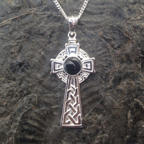 Medium sterling silver Celtic cross pendant with round Whitby Jet cabochon