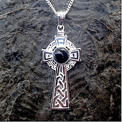 Medium sterling silver Celtic cross pendant with round Whitby Jet cabochon