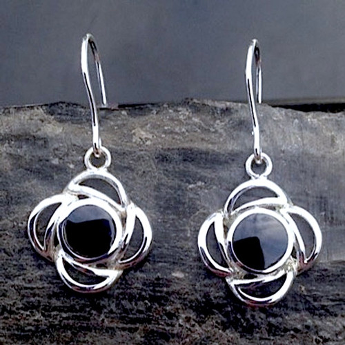 Hand crafted 925 silver floral drop earrings with round black Whitby Jet stones