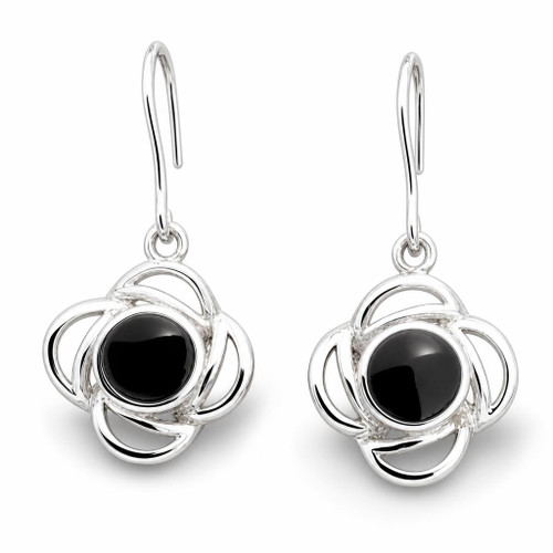 Hand crafted 925 silver floral drop earrings with round black Whitby Jet stones