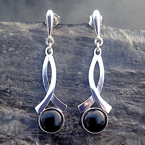 Long sterling silver crossover ribbon drop earrings with round Whitby Jet cabochons