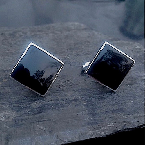 Large square sterling silver gents T bar cufflinks with organic black gemstones