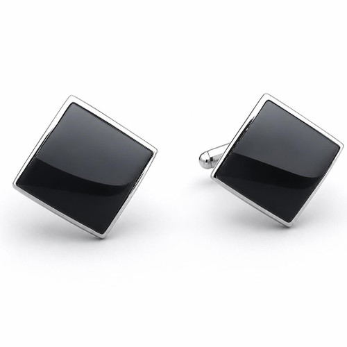 Large square sterling silver gents T bar cufflinks with organic black gemstones