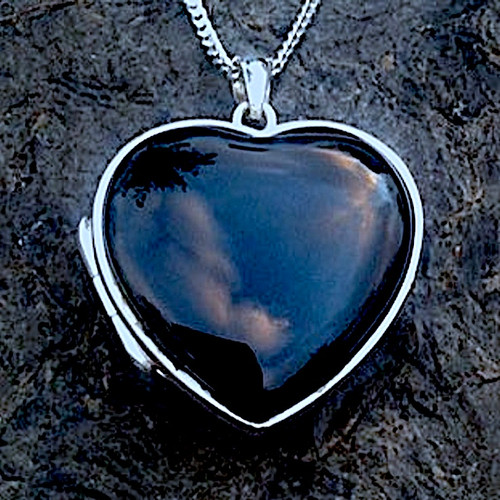 Large sterling silver and Whitby Jet hand crafted heart locket necklace