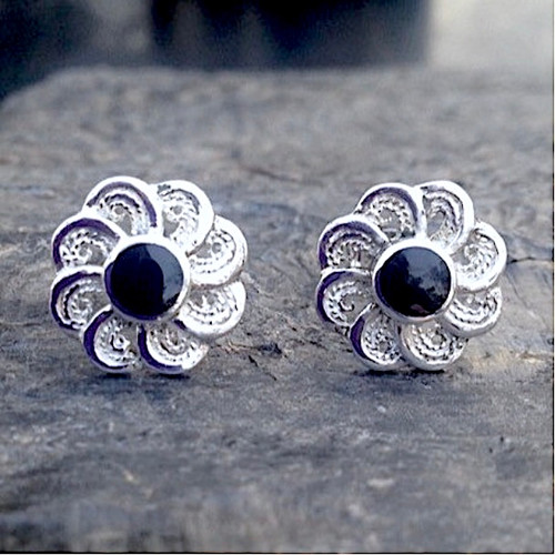 Large round 925 sterling silver filigree flower stud earrings with Whitby Jet