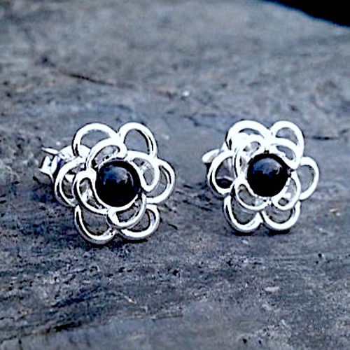 Contemporary sterling silver open flower stud earrings with round Whitby Jet cabochons