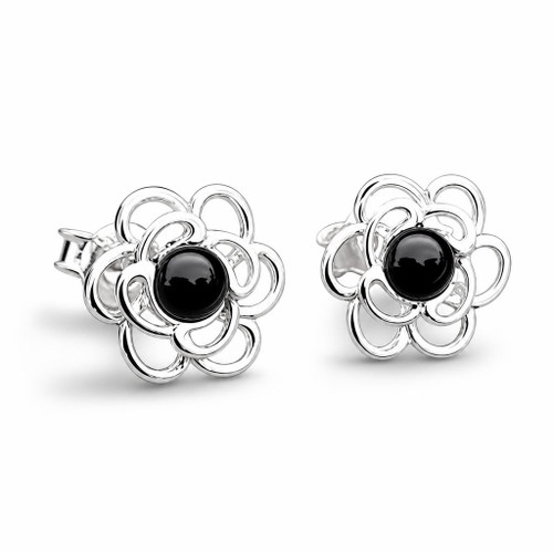 Contemporary sterling silver open flower stud earrings with round Whitby Jet cabochons