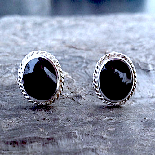 Hand crafted Medium oval Whitby Jet and sterling silver rope edge stud earrings